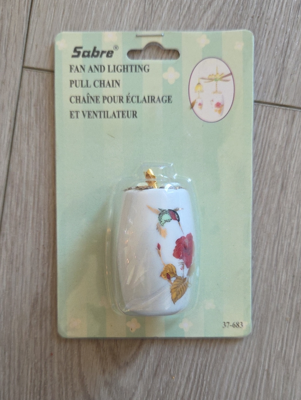 NWT Sabre Ceiling Fan Light Pull Chain Humming Bird Decor Gold Tone Chain